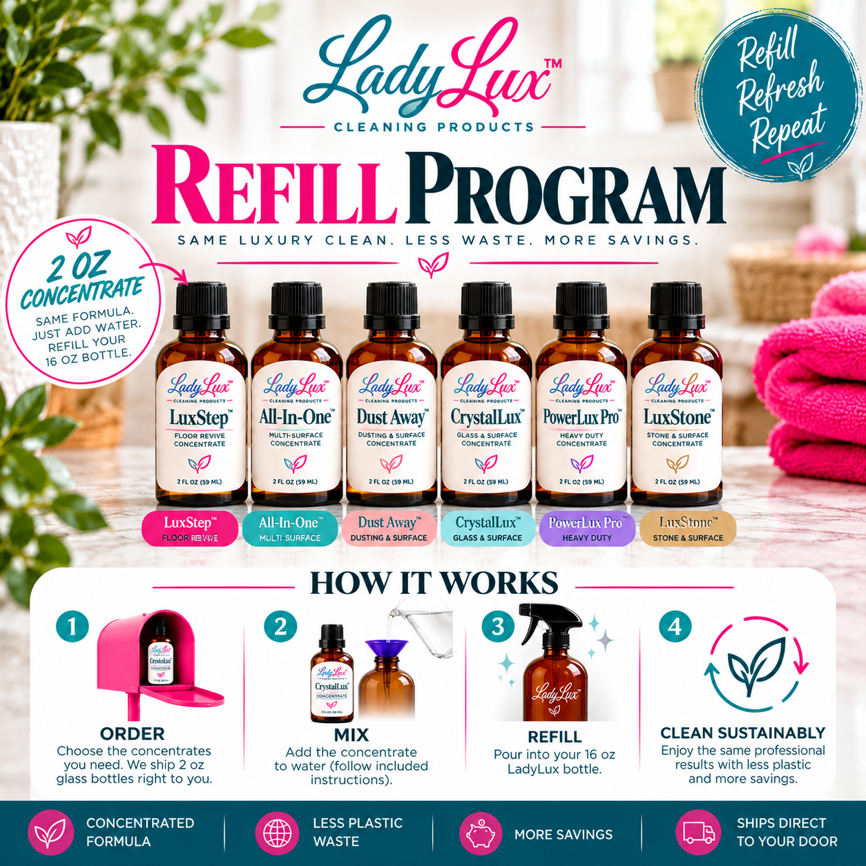 LadyLux™ Refill Program — 2 oz concentrates and how it works
